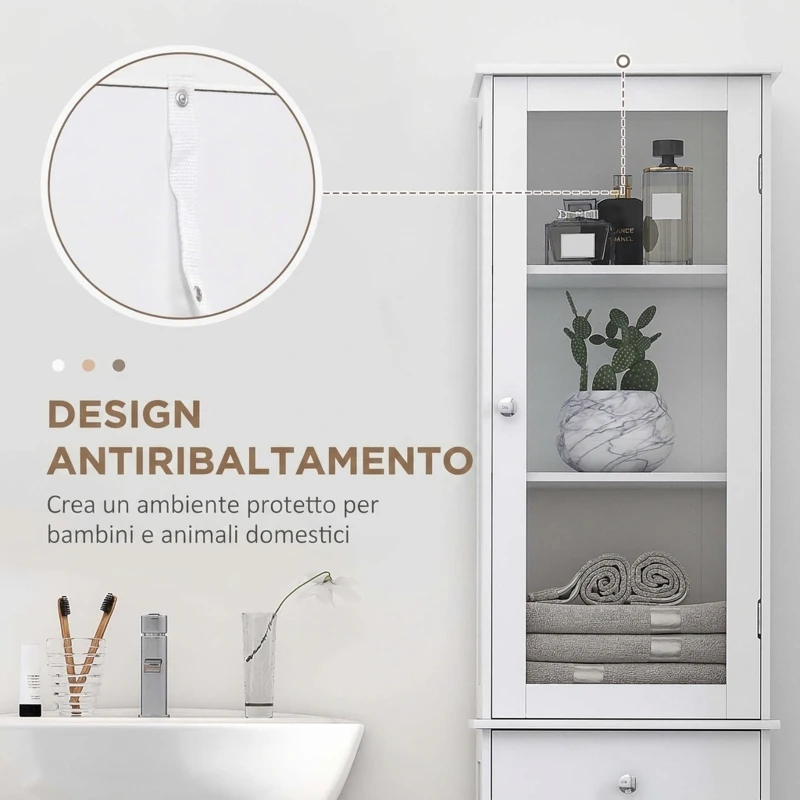 kleankin Mobile Colonna Bagno Salvaspazio con Armadietto, Cassetto e Ripiani in MDF, 40x27x171.5cm, Bianco