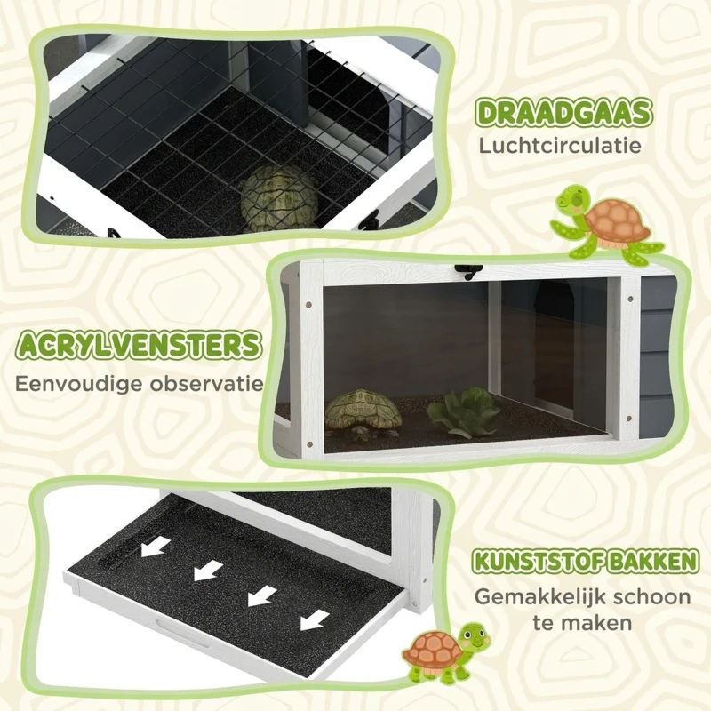 PawHut Schildpaddenverblijf, Reptielenbox met 2 Kamers, Deksel, Kunststof Schalen, Ramen, Hout, Grijs