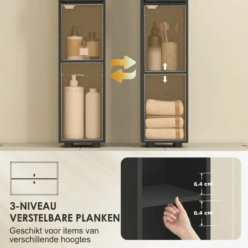 kleankin 180 cm smalle badkamerkast, toiletrolhouder met open vakken en 2 deuren, zwart
