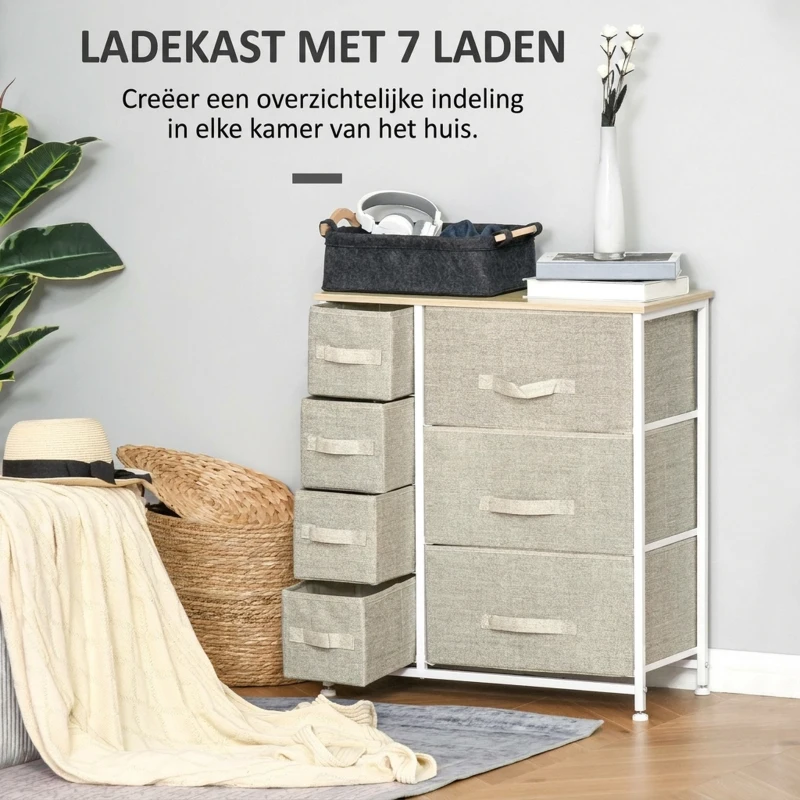 HOMCOM Ladekast Sideboard met 7 laden, modern design, 63,5 cm x 30 cm x 71 cm, Lichtgrijs