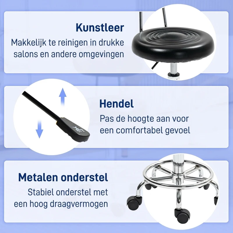 HOMCOM Rolkruk, draaibare en verstelbare kruk met rugleuning, kunstleren bekleding, voetensteun, voor kapperstafels, Zwart(m-6)