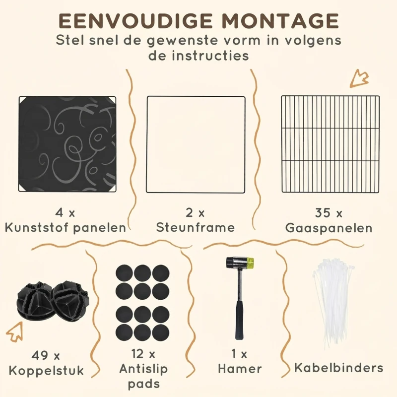 PawHut Verblijf voor dwergkonijnen, 39-paneels hok voor kleine huisdieren, met helling, voor Kleine Dieren, Binnen, Zwart