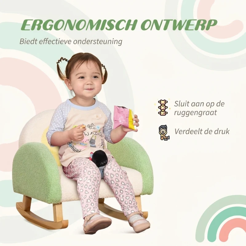 HOMCOM Schommelstoel voor Peuters in Schattig Ontwerp, Schapenwol-Imitatie, Eucalyptushout Groen + Geel Beige