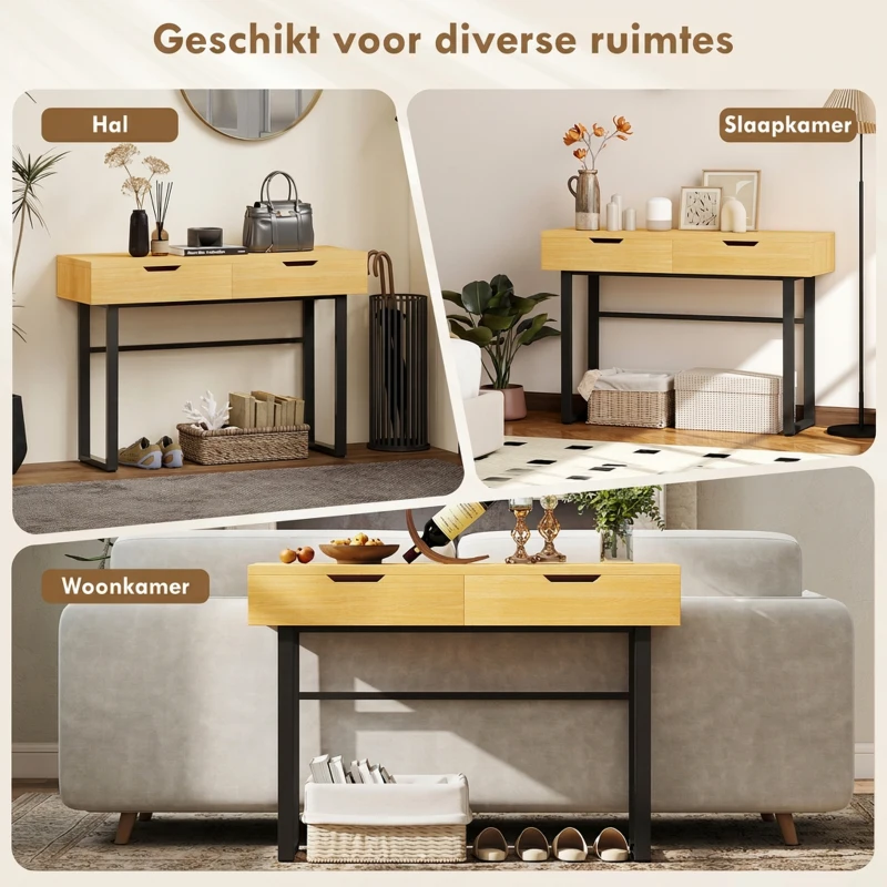 HOMCOM Consoletafel Smalle haltafel met 2 lades, metalen frame, voor hal 110 x 35 x 76,5 cm naturel