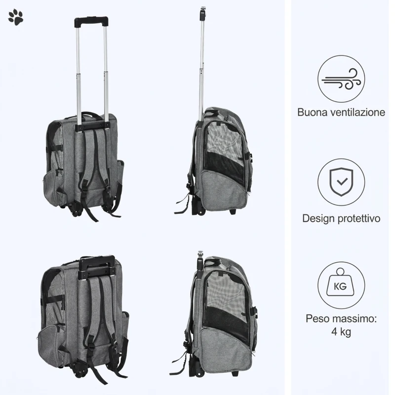 PawHut Trasportino Zaino  2 in 1 per Cani e Gatti con Tasche Laterali, Maniglia Telescopica e Ruote, 42x25x55cm, Grigio