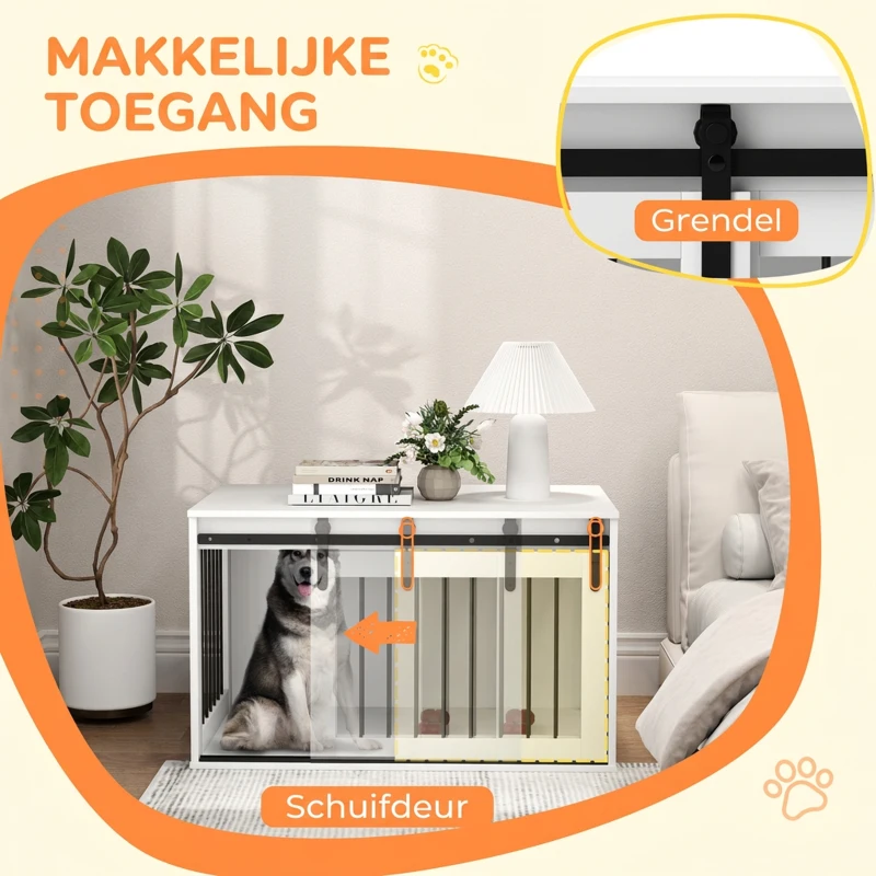 PawHut Hondenkooi met Schuifdeur, Ventilatie, Spaanplaat en Staal, 98 x 58 x 61 cm, Wit(m-6)