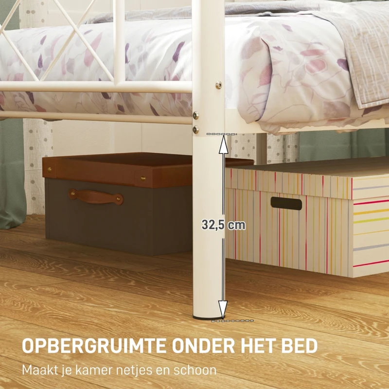 HOMCOM Eenpersoonsbedframe met Hoog Hoofdeinde, Eenvoudige Montage, Opbergruimte onder het Bed, Staal, Wit