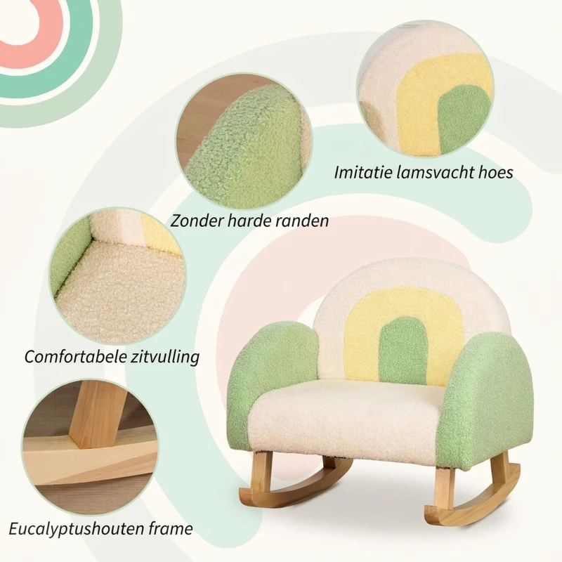 HOMCOM Schommelstoel voor Peuters in Schattig Ontwerp, Schapenwol-Imitatie, Eucalyptushout Groen + Geel Beige