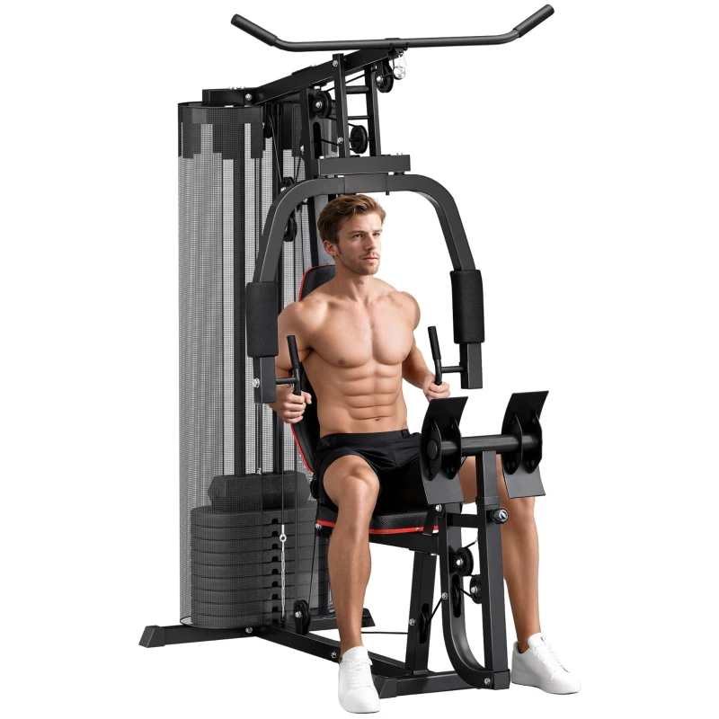 SPORTNOW Thuis Fitnessstation met 45 kg Gewichtsblokken, Lat Pulley, Borststation, Beinpresse voor Veelzijdige Training