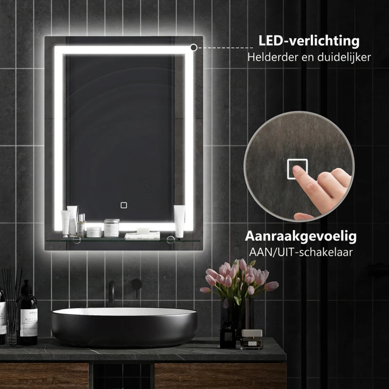 Kleankin LED-badkamerspiegel, dimbaar, anti-condens, touch-schakelaar, plank, 50 x 70 cm, zilver