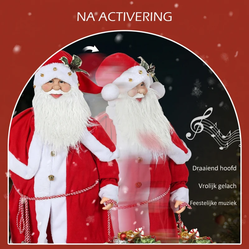 HOMCOM Kerstmanfiguur, beweeglijk, met geluidssensor, lachen & muziek, 140 cm, Rood