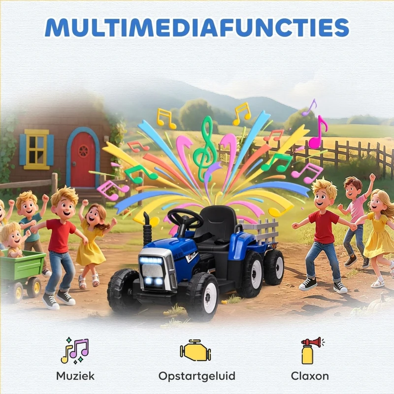 HOMCOM Elektrische Kinderauto met Aanhanger, Afstandsbediening, Lichteffecten, 3-6 km/u, voor 3-6 Jaar, Blauw(m-6)