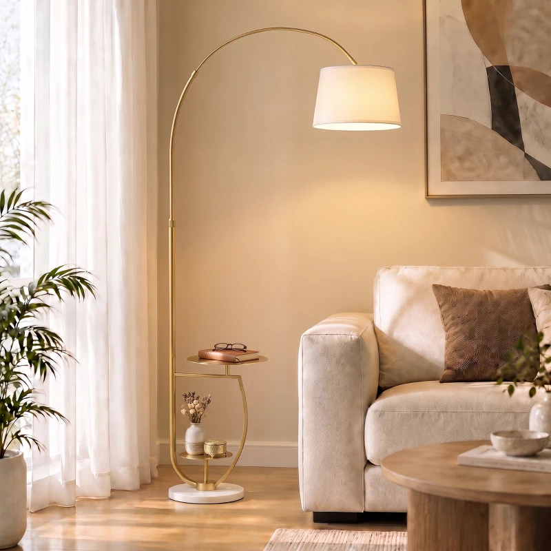 HOMCOM Lampadar de podea modern cu arc pentru living, 2 rafturi, înălțime reglabilă de 148 la 177 cm, auriu și bej