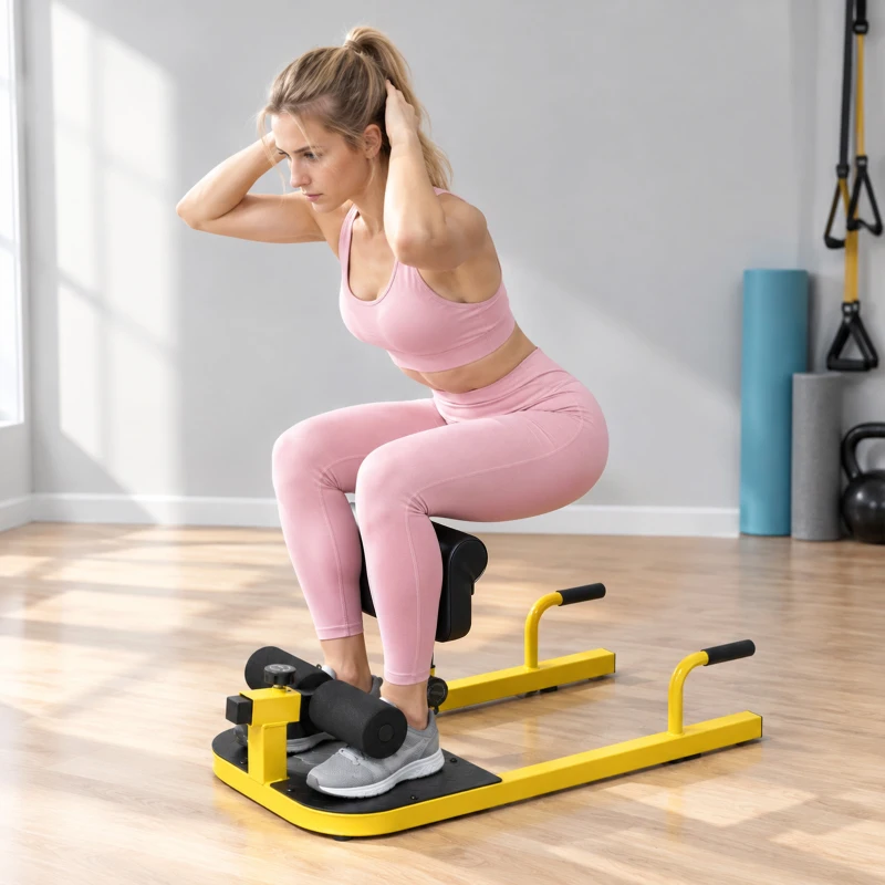 HOMCOM 3-en-1 Máquina Equipo de Sentadilla para Ejercicios Abdominales Tablero Supino Multifuncional Máquina de Piernas Ayuda en Cuclillas Amarillo