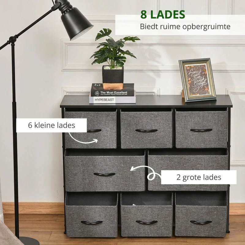 HOMCOM Ladekast met 8 Stoffen Lades, 2 Groot, 6 Klein, Metalen Frame, Kantelbeveiliging, Grijs