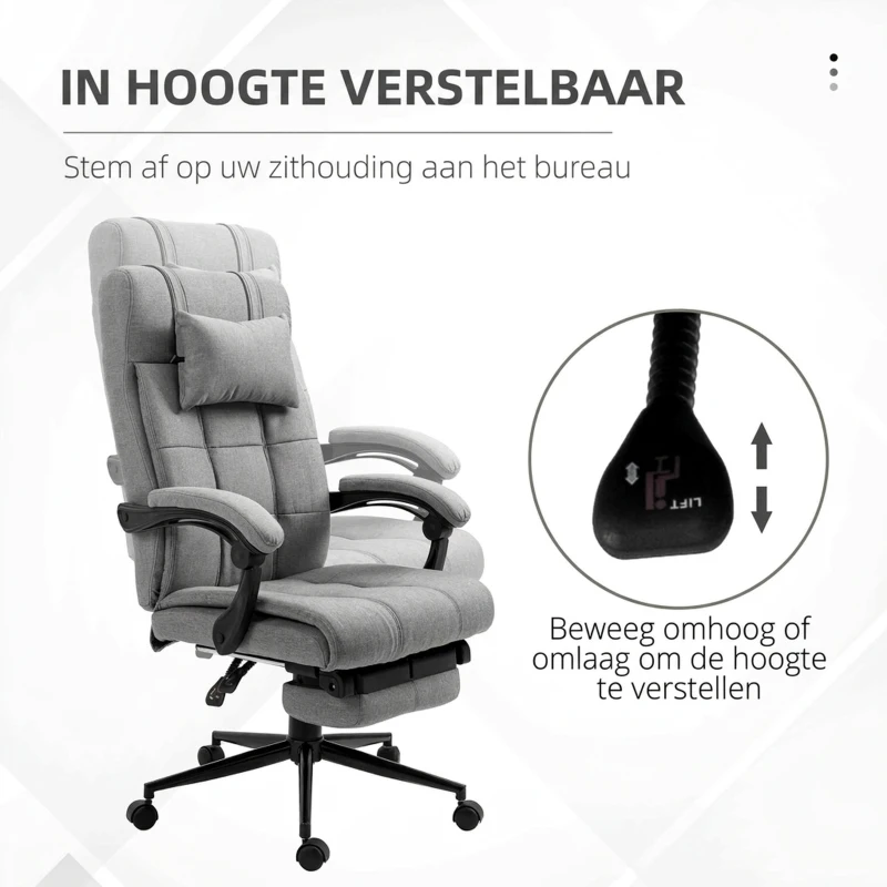 Vinsetto bureaustoel met kussen armleuningen bureaustoel met kantelhoek In hoogte verstelbare bureaustoel met voetensteun linnen schuim PVC lichtgrijs 66 x 70 x 116-124 cm(m-4)