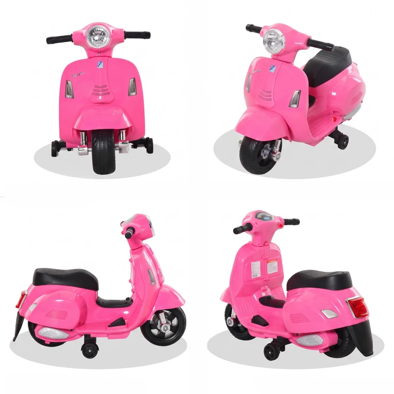 HOMCOM Mota Elétrica Infantil Vespa 6V com Farol, Buzina e Rodas Auxiliares para Crianças de 18-36 Meses Rosa 66,5x38x52 cm