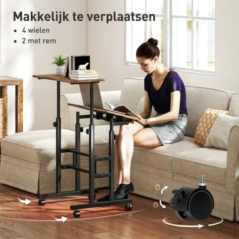 HOMCOM Bureau verstelbaar keukentafel met plank, wielen, computertafel Rustiek Braun 60 x 60 x 70,5-120 cm(m-6)