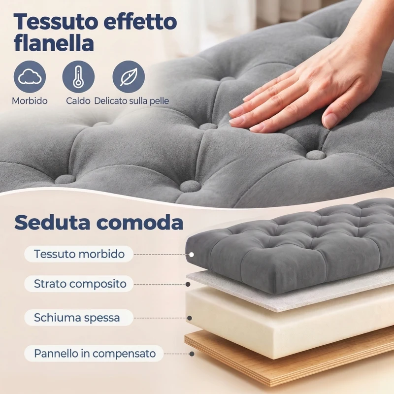 HOMCOM Panca Fondo Letto in Tessuto Vellutato con Spazio Portaoggetti e Braccioli, 126x48.5x57 cm, Grigio
