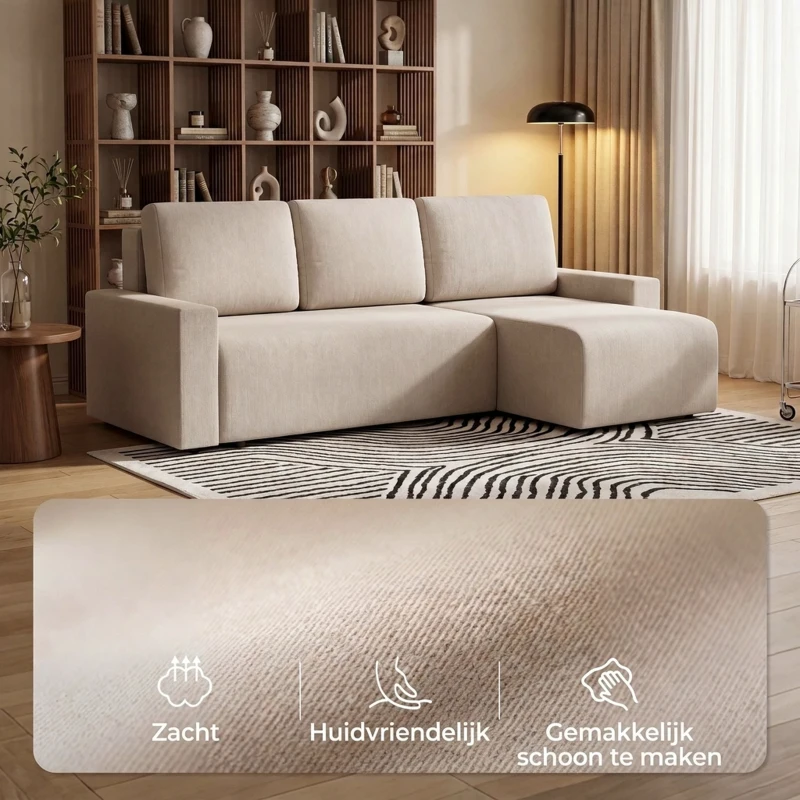 HOMCOM Hoekbank met Slaapfunctie en Omkeerbare Chaise Longue, L-vormige 3-zitsbank van Velours, Beige