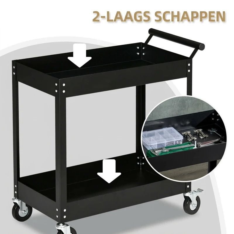 DURHAND Gereedschapswagen, 2 niveaus, wagen, 4 wielen, staal, tot 150 kg, 84,5 x 38 x 84 cm, Zwart(m-4)