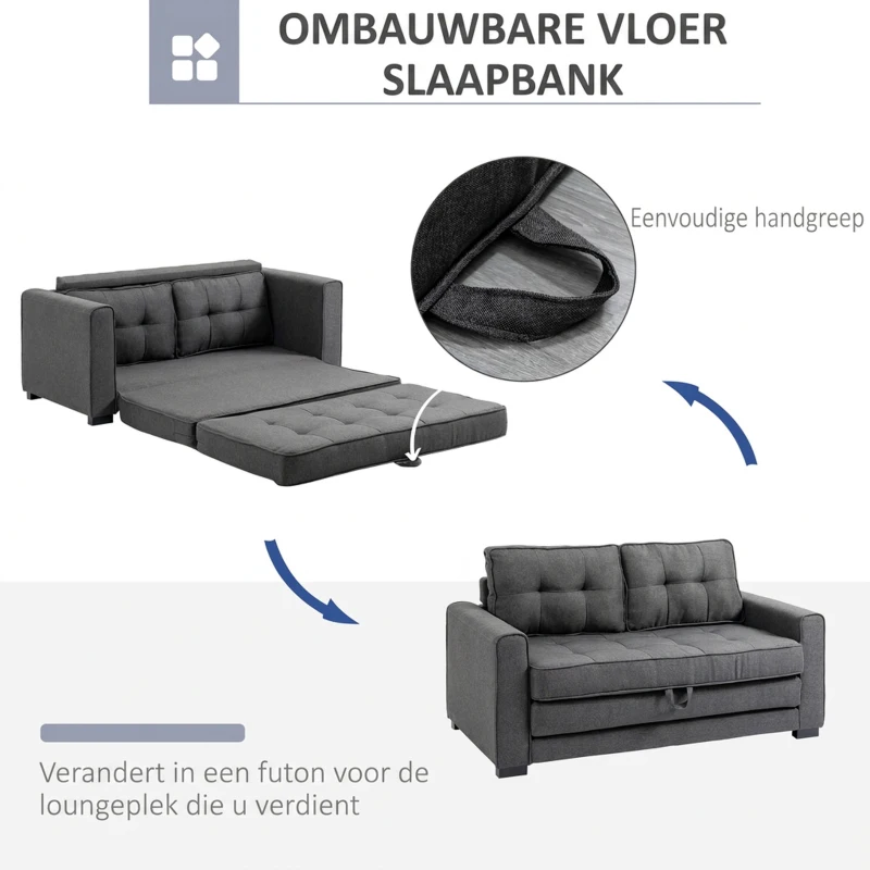 HOMCOM Multifunctionele Slaapbank Grijs | Comfortabele 2-Zits Sofa met Slaapfunctie | Ideaal voor Kleine Ruimtes