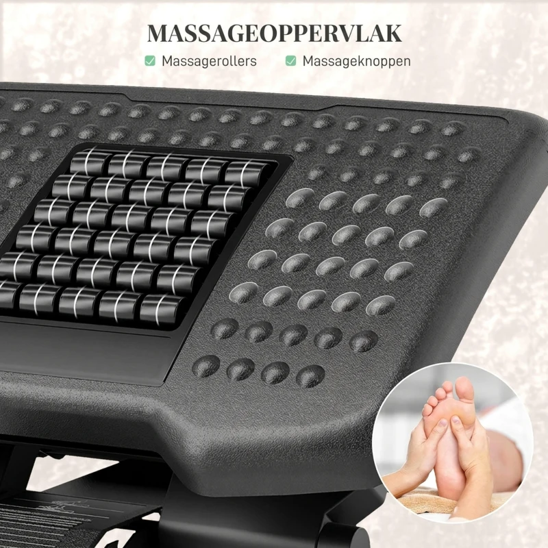HOMCOM Ergonomische Voetensteun, Hoogteverstelbaar, Massage Oppervlak met Rollen, Zwart, 46 x 35 cm