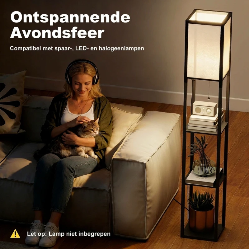 HOMCOM vloerlamp verlichting E27 tot 40 W met 3 planken voor woon-/slaapkamer hout(m-6)