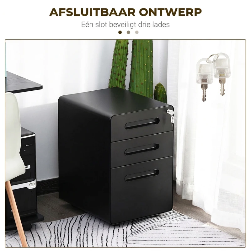 Vinsetto rolcontainer, archiefkast, kantoorcontainer met 3 laden, kantoorkast, opslag, container, staal, zwart, 39 x 48 x 59 cm