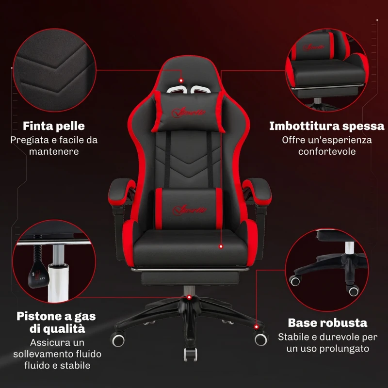 Vinsetto Sedia da Gaming con Altezza Regolabile e Schienale Reclinabile, 65x65x121-129 cm, Nero e Rosso