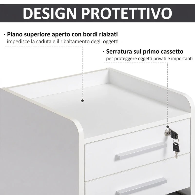 HOMCOM Cassettiera Portadocumento da Ufficio Bianca in Legno 3 Cassetti, Chiavi