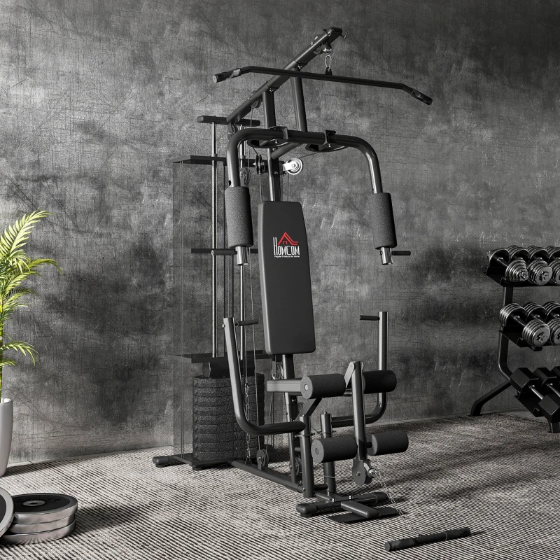 HOMCOM Gym Krachtstation Fitnessstation Multigym Fitnesscentrum Fitnessapparatuur incl. gewichten Latzug Beincurl Metaal PU-kunstleer zwart 150 x 110 x 210 cm(m-8)