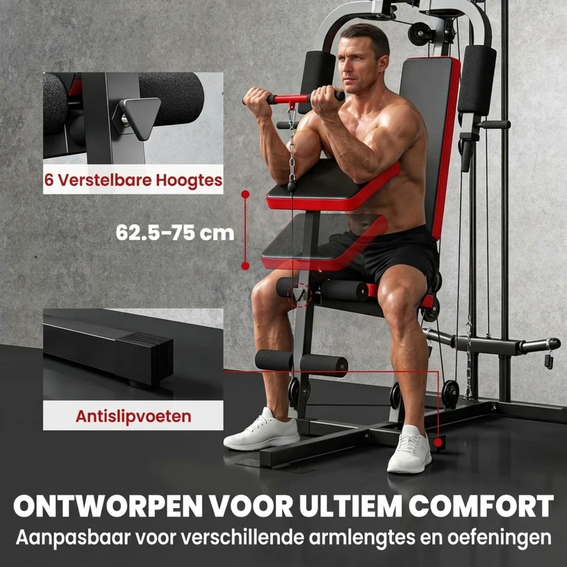 SPORTNOW Krachtstation met latpull, butterflystang, verstelbare preacherbank, beentrainer, tot 120 kg, zwart+rood