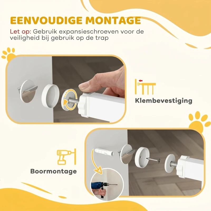 PawHut Veiligheidshek voor honden, barrière, muurbevestiging met drukknopen, verstelbaar van 75 cm tot 95 cm, wit(m-6)