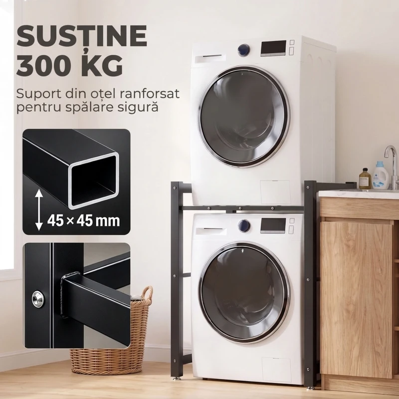 HOMCOM Suport suprapunere mașină de spălat și uscător, oțel, 300 kg, 75x62x97-105 cm, negru