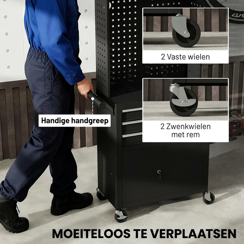 HOMCOM Gereedschapskast op wielen met perforatiepaneel en 3 lades voor garage en werkplaats, zwart