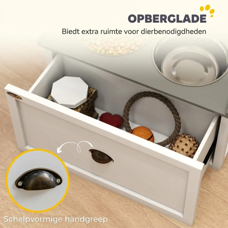 PawHut voerstation, 2 voerbakken van elk 2 liter, roestvrij staal, met lade, wit+grijs, 60 x 30 x 36 cm(m-5)