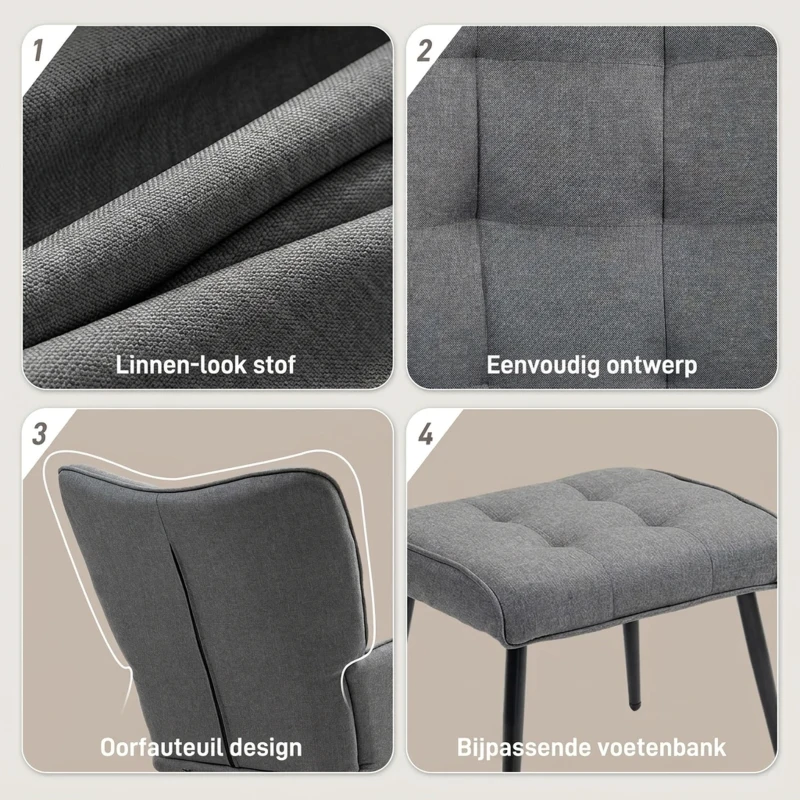 HOMCOM Schommelstoel met Voetenbank, Comfortabel, Tot 130 kg, Linnenlook, 64x89x90cm, Donkergrijs