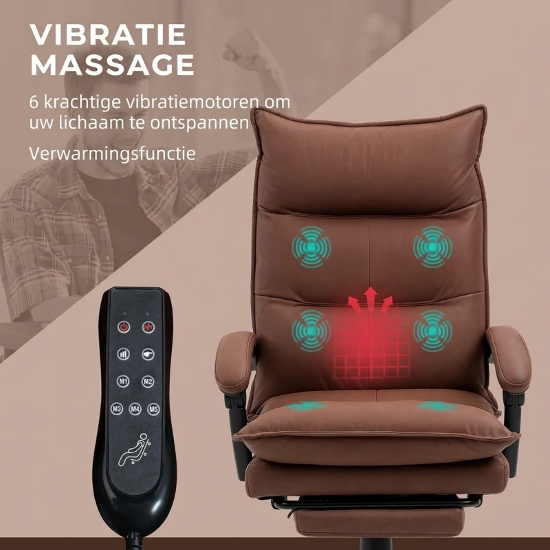 Vinsetto Bureaustoel met Massage- en Verwarmingsfunctie, Voetensteun, Verstelbaar, tot 120 kg, Bruin(m-4)