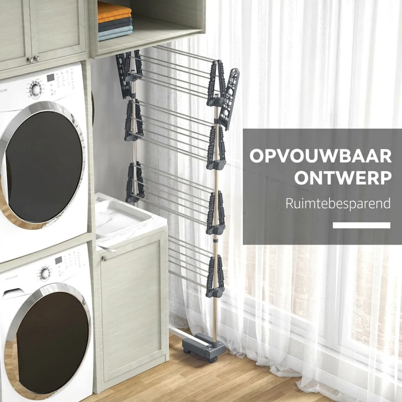 HOMCOM Opvouwbare Wasrek met 5 Niveaus, One-Klik-Systeem, 142 cm x 55 cm x 172 cm, Grijs + Zilver