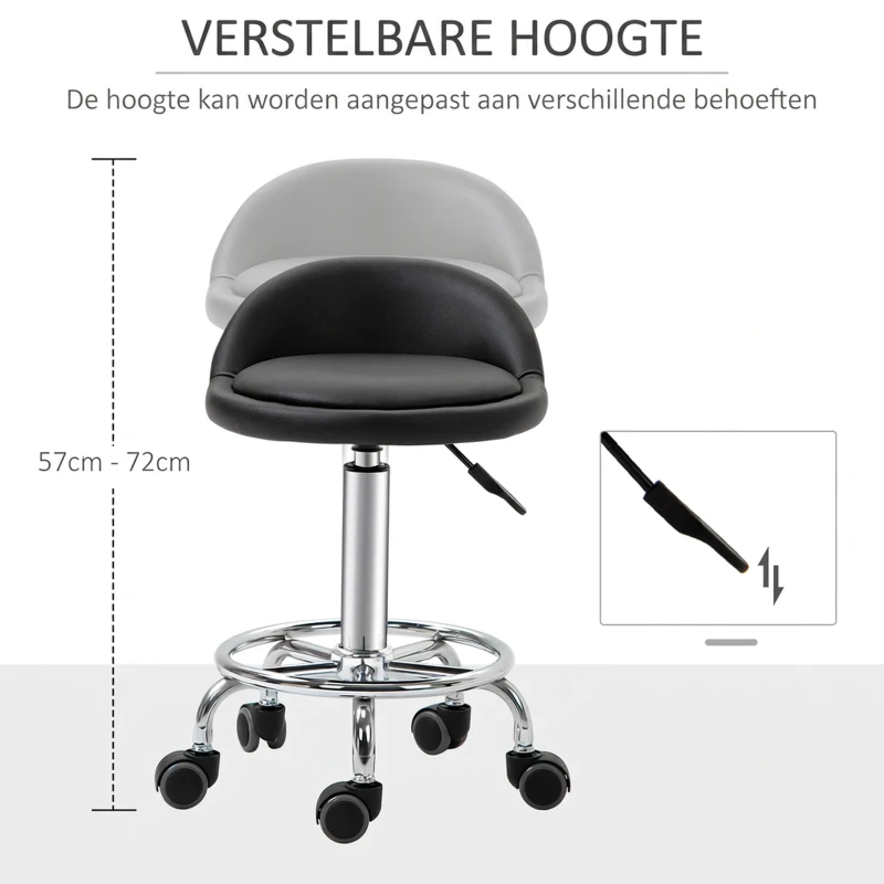 HOMCOM Verrijdbare kruk met rugleuning 57-72 cm hoogte verstelbaar draaikruk voor kantoor salon massage