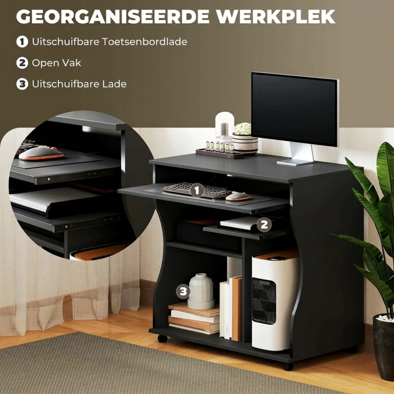 HOMCOM Computertafel op Wielen, Bureau met Opbergruimte, 80 x 48 x 75 cm, Zwart(m-4)