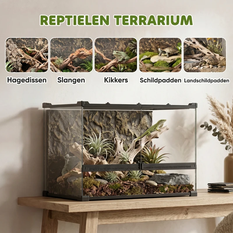 PawHut Terrarium voor reptielen Glazen terrarium 48L met voorventilatie stenen achterwand draaivergrendeling 50 x 30 x 35 cm Zwart