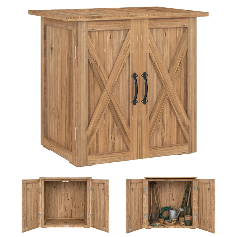 Outsunny Căsuță de Grădină din Lemn cu 2 Uși și Mânere în Stil Rustic, 77x55x72 cm, Maro