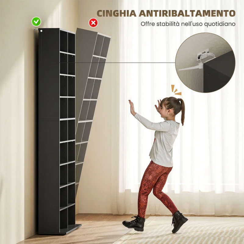 HOMCOM Scaffale Porta CD con 14 Ripiani Regolabili, Capacità di 640 CD/360 DVD, 78.5x24x175 cm, Nero
