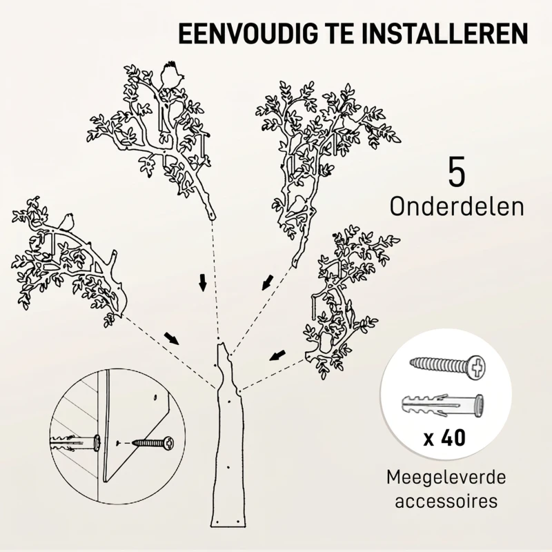 HOMCOM Wandgemonteerde Kapstok, Mantelhaak in Boomdesign met Vogels, Zwart