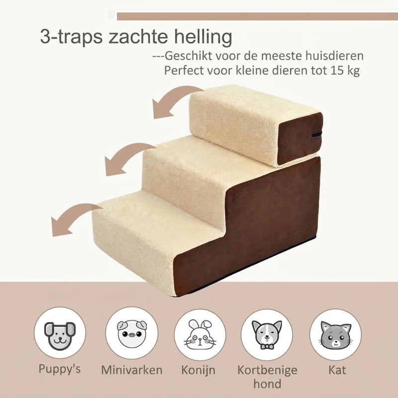 PawHut Hondentrap 3 treden kattentrap huisdierentrap huisdier pluche beige