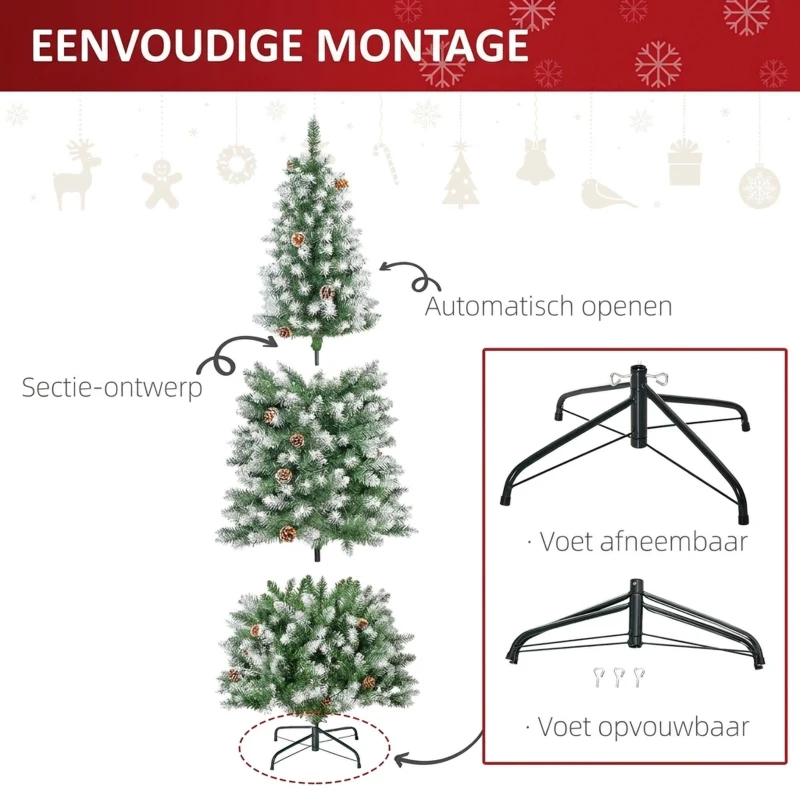 HOMCOM Kunstkerstboom, 630 Takken, 37 Dennenappels, Besneeuwde Punten, Brandvertragend, 180 cm