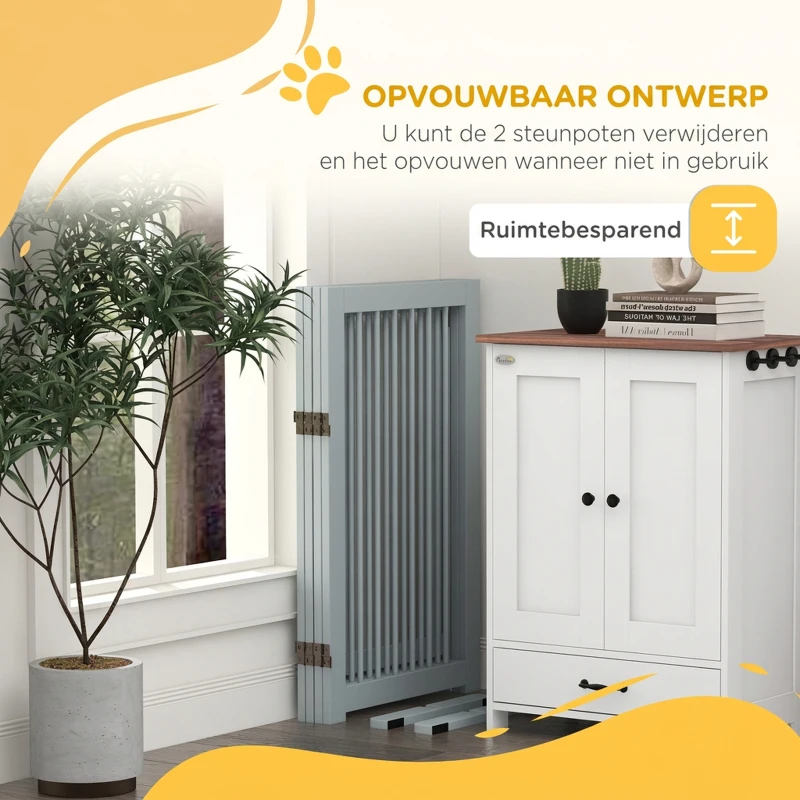 PawHut Hondenhek, vrijstaand, opvouwbaar, met deur & voeten, houten frame, 220x36x91 cm, Lichtgrijs(m-4)