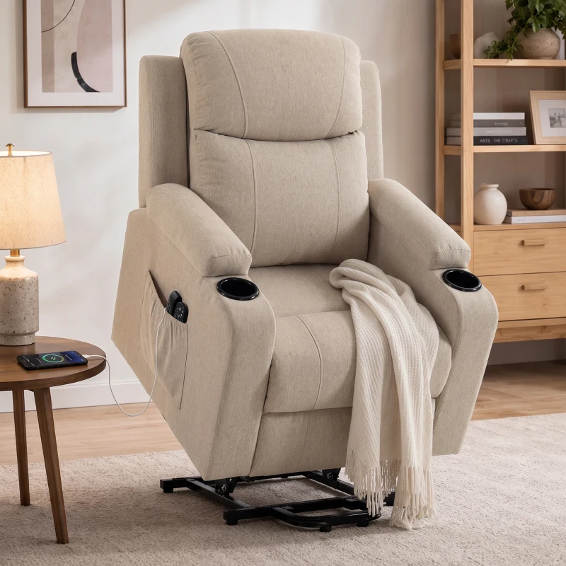 HOMCOM Sillón Eléctrico Elevador Reclinable, Calefactable, Masaje, Lino, 2 Mandos, Crema